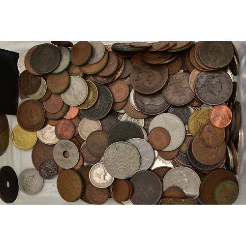 90 - A PLASTIC BOX CONTAINING WORLD COINAGE, to include an Arabic 1 Double Florin 1887, a walsall penny t... 