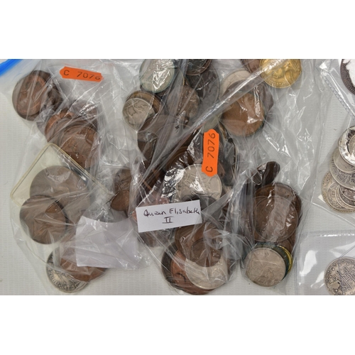 90 - A PLASTIC BOX CONTAINING WORLD COINAGE, to include an Arabic 1 Double Florin 1887, a walsall penny t... 