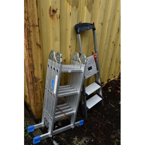 1011 - AN ALUMINIUM PLATFORM LADDER fourfold to make a platform, A frame steps, full ladder and step off la... 