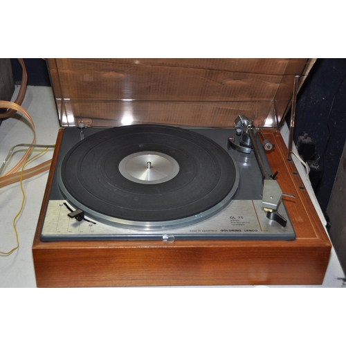 1056 - A GOLDRING LENCO GL75 TRANSCRIPTION TURNTABLE with Shure M55E cartridge, smoked plexiglass lid and o... 