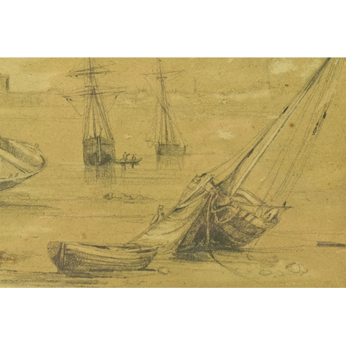 301 - ATTRIBUTED TO ANDREW NICHOLL RHA (1804-1886)  'CARRICK FERGUS' a sketch of fishing boats at low tide... 