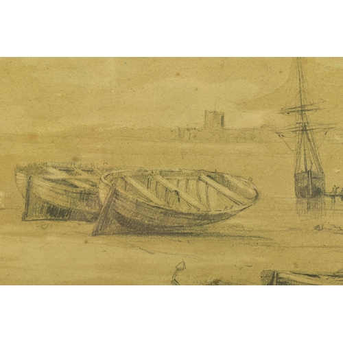 301 - ATTRIBUTED TO ANDREW NICHOLL RHA (1804-1886)  'CARRICK FERGUS' a sketch of fishing boats at low tide... 