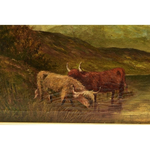 303 - TWO LATE 19TH / EARLY 20TH CENTURY STYLE HIGHLAND LANDSCAPES, both featuring cattle drinking while s... 