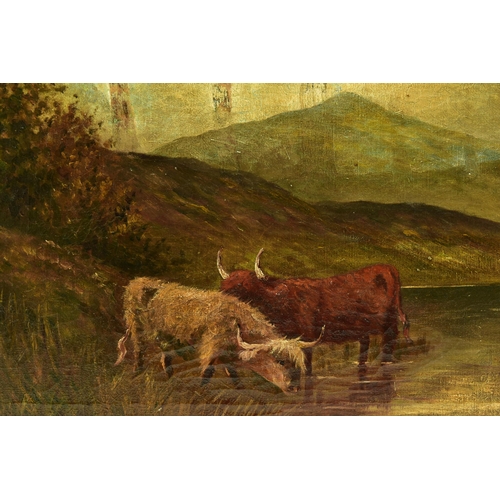 303 - TWO LATE 19TH / EARLY 20TH CENTURY STYLE HIGHLAND LANDSCAPES, both featuring cattle drinking while s... 