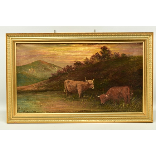 303 - TWO LATE 19TH / EARLY 20TH CENTURY STYLE HIGHLAND LANDSCAPES, both featuring cattle drinking while s... 