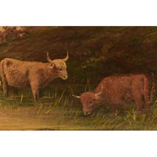 303 - TWO LATE 19TH / EARLY 20TH CENTURY STYLE HIGHLAND LANDSCAPES, both featuring cattle drinking while s... 