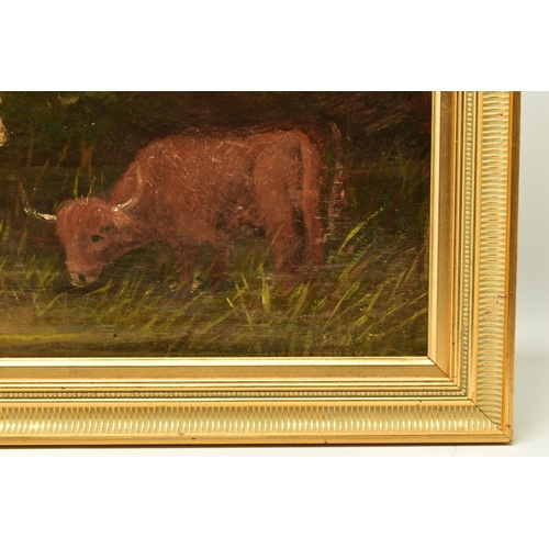 303 - TWO LATE 19TH / EARLY 20TH CENTURY STYLE HIGHLAND LANDSCAPES, both featuring cattle drinking while s... 