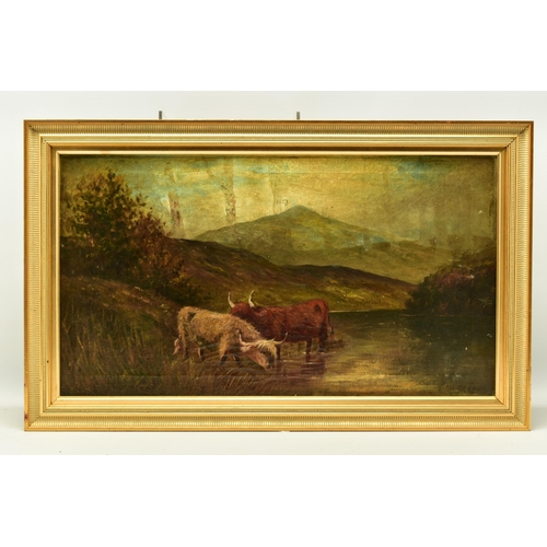 303 - TWO LATE 19TH / EARLY 20TH CENTURY STYLE HIGHLAND LANDSCAPES, both featuring cattle drinking while s... 