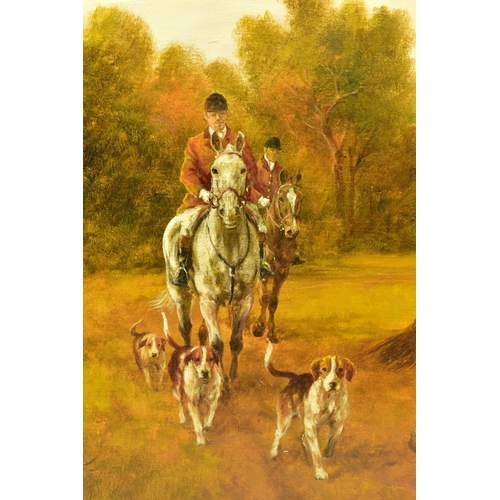 304 - B. COLLINS (20TH CENTURY) A HUNTING SCENE WITH HORSES AND HOUNDS, signed bottom right oil on canvas,... 