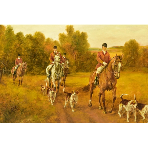 304 - B. COLLINS (20TH CENTURY) A HUNTING SCENE WITH HORSES AND HOUNDS, signed bottom right oil on canvas,... 