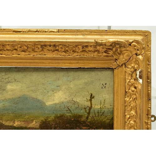 305 - A 19TH CENTURY ENGLISH SCHOOL RIVER LANDSCAPE, depicting a figure standing on a wooden bridge, no vi... 