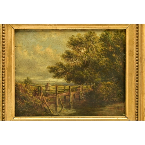 305 - A 19TH CENTURY ENGLISH SCHOOL RIVER LANDSCAPE, depicting a figure standing on a wooden bridge, no vi... 