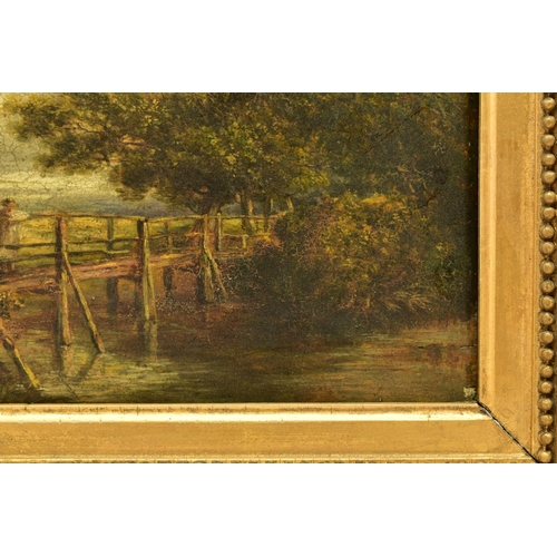 305 - A 19TH CENTURY ENGLISH SCHOOL RIVER LANDSCAPE, depicting a figure standing on a wooden bridge, no vi... 