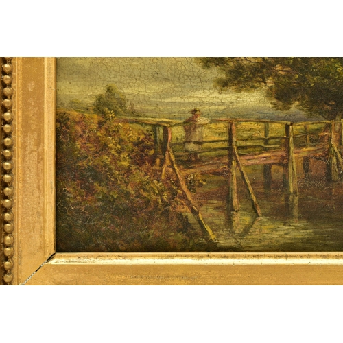 305 - A 19TH CENTURY ENGLISH SCHOOL RIVER LANDSCAPE, depicting a figure standing on a wooden bridge, no vi... 