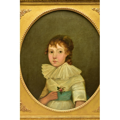 307 - AN EARLY 19TH CENTURY HALF LENGTH PORTRAIT OF A YOUNG FEMALE FIGURE, she wears a white dress with a ... 