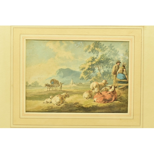 313 - PETER Le CAVE (ACTIVE 1769-1816) 18TH CENTURY LANDSCAPE WITH ANIMALS, two figures are sitting on a f... 