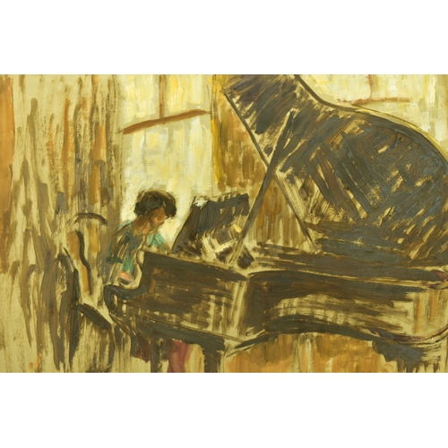 319 - AMY FLATTO (20TH CENTURY) 'GIRL AT THE PIANO', a study of a female figure playing a Grand Piano, ini... 