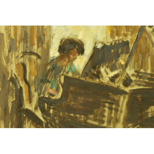 319 - AMY FLATTO (20TH CENTURY) 'GIRL AT THE PIANO', a study of a female figure playing a Grand Piano, ini... 