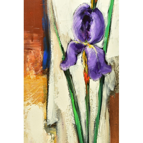 327 - VASILE LEONDAR (ROMANIA 1957) IRIS, a still life study of a single Iris, signed verso, oil on canvas... 