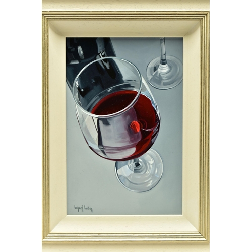 329 - MIGUEL NUNEZ (URUGUAY 1966) 'RED WINE III', a realism still life study of a glass of red wine, signe... 