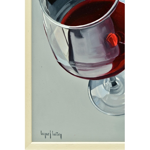 329 - MIGUEL NUNEZ (URUGUAY 1966) 'RED WINE III', a realism still life study of a glass of red wine, signe... 