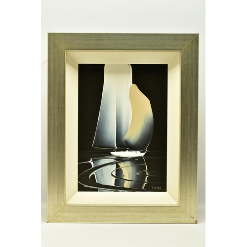 340 - DUNCAN MACGREGOR DMAC (BRITISH 1961) A STYLISED YACHT UNDER SAIL, signed bottom right, oil on board,... 