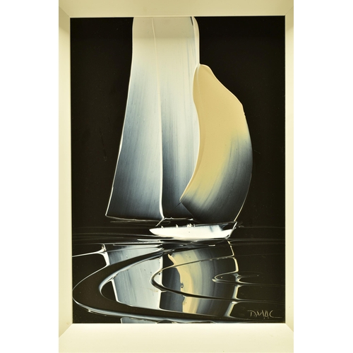 340 - DUNCAN MACGREGOR DMAC (BRITISH 1961) A STYLISED YACHT UNDER SAIL, signed bottom right, oil on board,... 