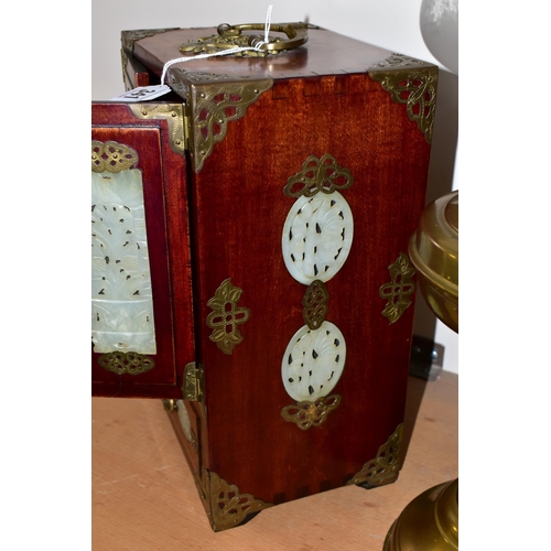 341 - A CHINESE JEWELLERY BOX AND A BRASS BODIED OIL LAMP, the wooden jewellery box having brass handles a... 