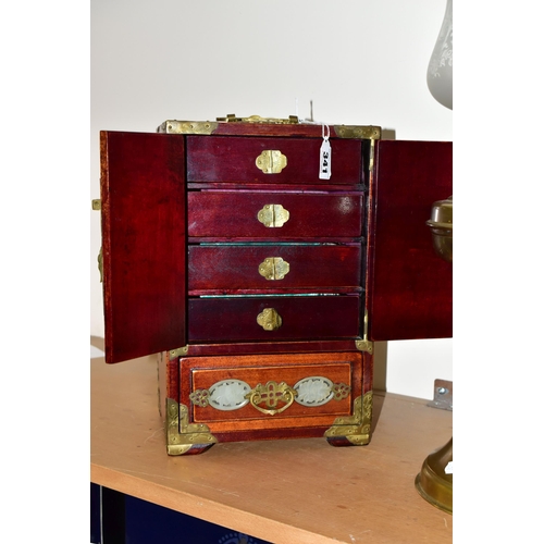 341 - A CHINESE JEWELLERY BOX AND A BRASS BODIED OIL LAMP, the wooden jewellery box having brass handles a... 