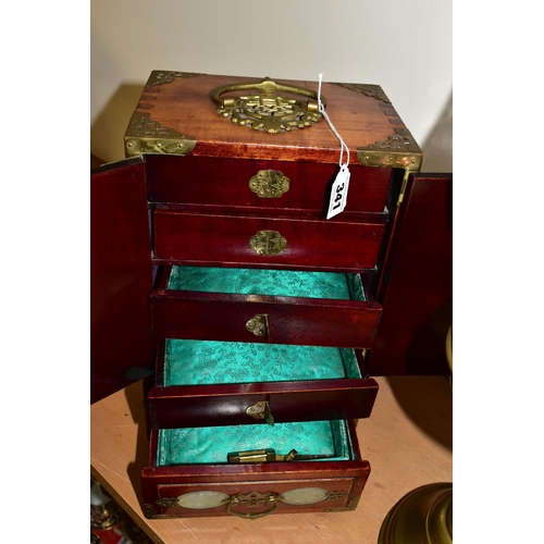 341 - A CHINESE JEWELLERY BOX AND A BRASS BODIED OIL LAMP, the wooden jewellery box having brass handles a... 