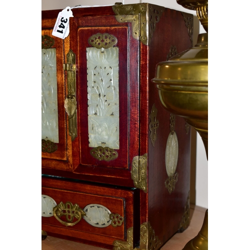 341 - A CHINESE JEWELLERY BOX AND A BRASS BODIED OIL LAMP, the wooden jewellery box having brass handles a... 