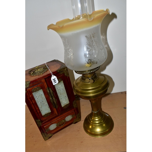 341 - A CHINESE JEWELLERY BOX AND A BRASS BODIED OIL LAMP, the wooden jewellery box having brass handles a... 