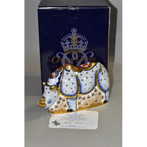 342 - A BOXED LIMITED EDITION ROYAL CROWN DERBY WHITE RHINO PAPERWEIGHT a Sinclair's exclusive, with certi... 