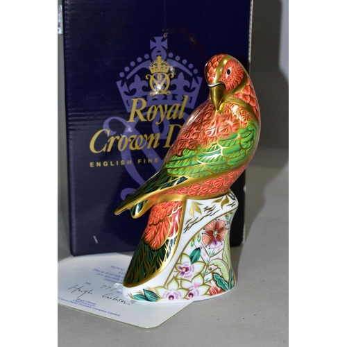 344 - A BOXED LIMITED EDITION ROYAL CROWN DERBY LORIKEET PAPERWEIGHT with certificate numbered 777/2500, g... 