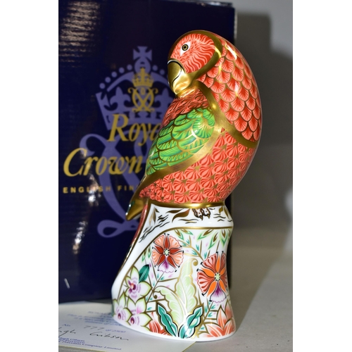 344 - A BOXED LIMITED EDITION ROYAL CROWN DERBY LORIKEET PAPERWEIGHT with certificate numbered 777/2500, g... 