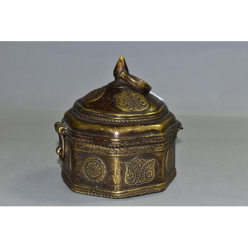 346 - A BRONZE OCTAGONAL BOX, with domed lid, teardrop shaped finial and handle, applied flower symbols, r... 