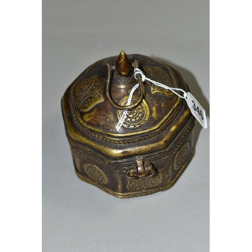 346 - A BRONZE OCTAGONAL BOX, with domed lid, teardrop shaped finial and handle, applied flower symbols, r... 