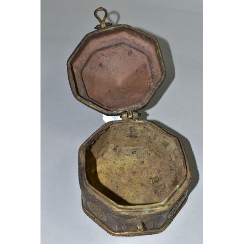 346 - A BRONZE OCTAGONAL BOX, with domed lid, teardrop shaped finial and handle, applied flower symbols, r... 