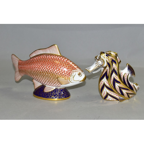 348 - TWO ROYAL CROWN DERBY PAPERWEIGHTS, comprising a Seahorse, height 10cm, (marked as second quality, m... 