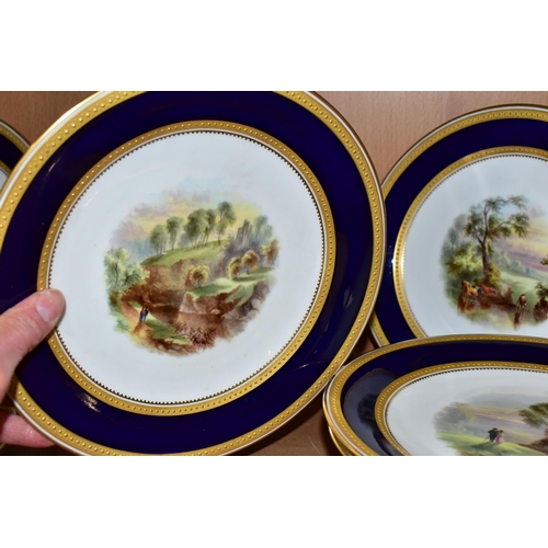 353 - A VICTORIAN ENGLISH PORCELAIN DESSERT SERVICE, the raised gilt borders surrounding a blue band, the ... 