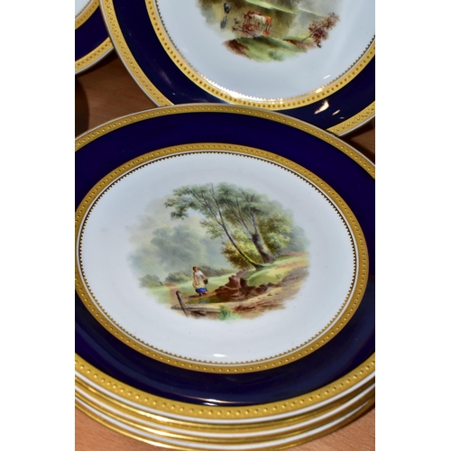 353 - A VICTORIAN ENGLISH PORCELAIN DESSERT SERVICE, the raised gilt borders surrounding a blue band, the ... 