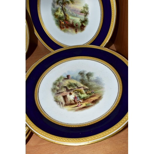 353 - A VICTORIAN ENGLISH PORCELAIN DESSERT SERVICE, the raised gilt borders surrounding a blue band, the ... 