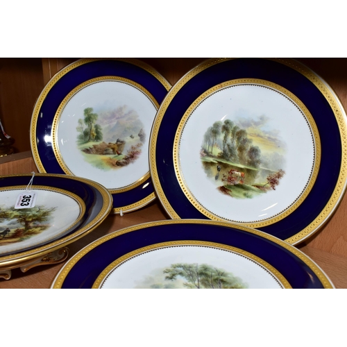 353 - A VICTORIAN ENGLISH PORCELAIN DESSERT SERVICE, the raised gilt borders surrounding a blue band, the ... 