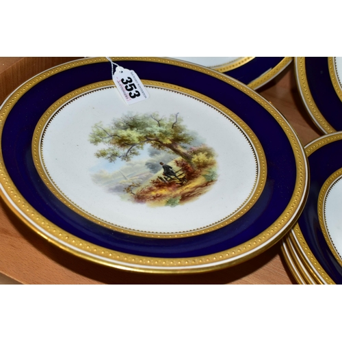 353 - A VICTORIAN ENGLISH PORCELAIN DESSERT SERVICE, the raised gilt borders surrounding a blue band, the ... 