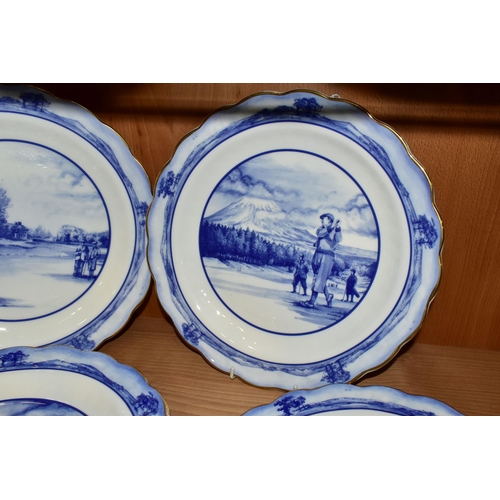 361 - A SET OF SIX BOXED ROYAL DOULTON 'THE GOLFING WORLD' COLLECTION PLATES, with scalloped rims, diamete... 