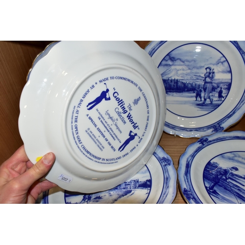 361 - A SET OF SIX BOXED ROYAL DOULTON 'THE GOLFING WORLD' COLLECTION PLATES, with scalloped rims, diamete... 