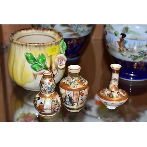 372 - A GROUP OF ORIENTAL PORCELAIN, comprising a Satsuma bowl and matching ginger jar, decorated with a c... 