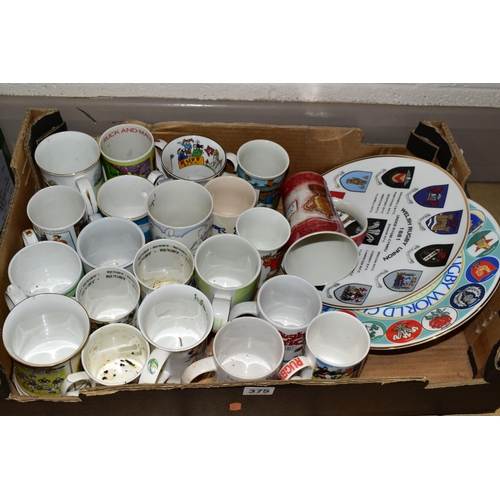 375 - TWO BOXES OF WELSH RUGBY UNION THEMED CERAMICS AND GIFTWARE, to include twenty three mugs, two cabin... 