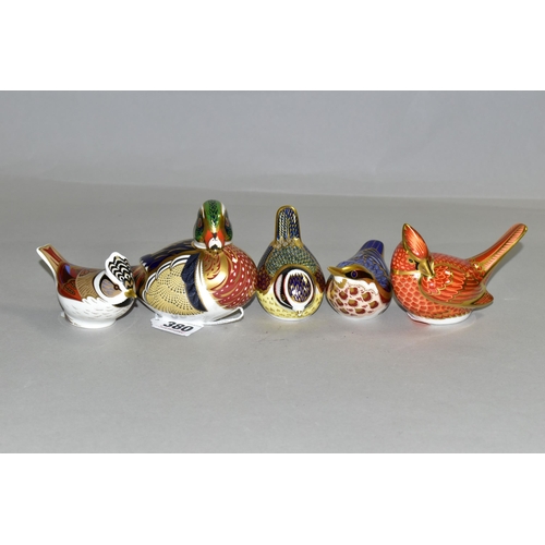 380 - A COLLECTION OF FIVE ROYAL CROWN DERBY BIRD PAPERWEIGHTS, comprising a 'Carolina Duck' gold stopper,... 