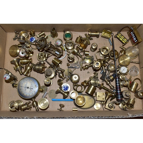 381 - ONE BOX OF MINIATURE BRASS ORNAMENTS, (doll's house pieces) to include oil lamps, roulette wheel, po... 